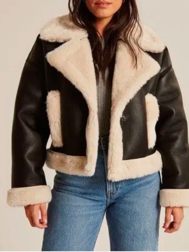 Abercrombie & Fitch Black Jacket With Cream Shearling Trim
